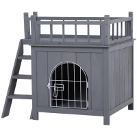 PawHut 2-Story Pet House for Cats Miniature Sized Dogs, Wooden Kitten Shelter with Enclosure, Balcony, Lockable Gate, Stairs, Grey(m-11)