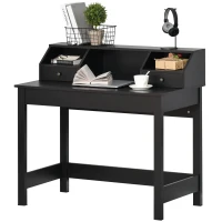 HOMCOM Rectangle Computer Desk with Display Shelves Drawers Home Office Table Workstation Black Wood Grain(m-11)