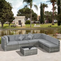 Outsunny 7pc Garden Wicker Sectional Set w/ Tea Table Patio Rattan Lounge Sofa Outdoor Deck Furniture Light Grey(m-8)