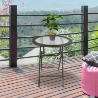 Outsunny 26.8" Dia. (68 Dia. cm) Folding Round Tempered Glass Metal Table with Brown Rattan Edging, Brown(m-8)