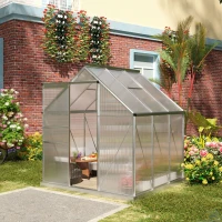 Outsunny 6' x 6' x 6.5' Polycarbonate Greenhouse, Walk-in Green House with Adjustable Roof Vent, Galvanized Base, Sliding Door and Rain Gutter for Outdoor, Garden, Backyard, Clear(m-10)