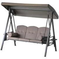 Outsunny 3-Seat Patio Swing Chair, Outdoor Porch Swing Glider with Adjustable Canopy, Removable Cushion, Pillows and Side Trays, for Garden, Poolside, Backyard, Brown(m-11)