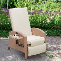 Outsunny Patio Recliner, Outdoor Reclining Chair with Flip-Up Side Table, All-Weather Wicker Metal Frame Chaise with Footrest, Cushions, Beige(m-10)