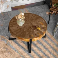 33.46" Retro Round Coffee Table, Fir Wood Top with Black Cross Legs, Easy Assembly and Maintenance, Natural(m-4)