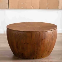 31.5" Vintage Style Bucket Shaped Coffee Table with Storage Function for Office, Dining Room, and Living Room, 31.5"x31.5"x17.72", Brown(m-5)