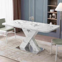 Modern Square Dining Table, Stretchable Printed White Marble Table Top, MDF X-Shape Table Leg with Metal Base, 62.99"L x 31.5"W x 30.12"H, White(m-1)