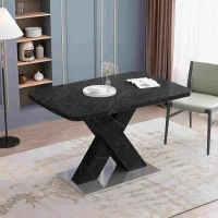 Modern Square Dining Table, Stretchable Printed Black Marble Table Top, MDF X-Shape Legs with Metal Base, 62.99"L x 31.5"W x 30.12"H, Black(m-5)