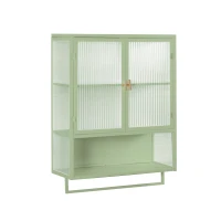 23.62" Modern Two-Door Wall Cabinet with Two-Tier Enclosed Storage, Open Shelf, and Towel Rack, Iron and Tempered Glass for Living Room, Dining Room, Bathroom, 23.62"L x 9.06"W x 30.71"H, Green(m-2)