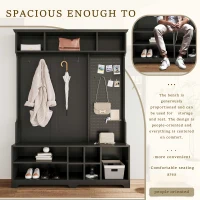 Hall Tree with Shoe Bench, Coat Rack, Storage Shelves, Pegboard, and Shoe Storage, 57.48"L x 14.96"W x 77.17"H, Black(m-6)