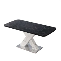 Modern Square Dining Table, Stretchable Black Marble Table Top with MDF X-Shape Legs and Metal Base, Easy Assembly, 62.99"L x 31.5"W x 30.12"H, Black White(m-2)