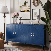 Stylish 4-Door Storage Cabinet with Pine Legs and MDF, Versatile for Living Room, Bedroom, and Kitchen, 59.84"L x 15.75"W x 32.48"H, Navy Blue(m-1)