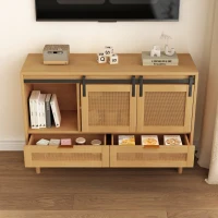47.24" Sliding Barn Door Storage Cabinet, TV Stand with 2 Drawers, MDF and Rattan Mesh, 47.24"L x 15.75"W x 31.5"H, Wood(m-5)