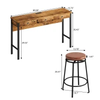 3-Drawer Long Dining Table Set with Power Outlets, Circular PU Stools, Easy Assembly, 60.24"x15.75"x35.43", Brown(m-3)