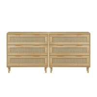 3-Drawer Rattan Storage Cabinet Set of 2, MDF and Solid Wood Legs, Iron Handles, 63" L x 15.55" W x 30.12" H, 52.47 lbs Each, Oak(m-11)