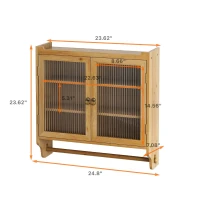 Vintage Double Door Wall Cabinet with Glass Doors, Three Tiers of Storage, and Towel Rack for Bathroom, Kitchen, Dining Room, 24.8", Natural(m-3)