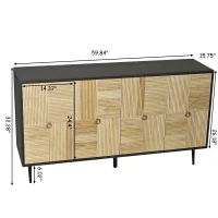 Elegant Vintage 4-Door Cabinet with Carved Pine Panels, Light Reflection Effect, Versatile Storage, and Easy Assembly, 59.84"L x 15.75"W x 32.28"H, Black(m-3)
