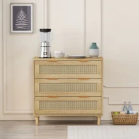 31.5" Rattan Storage Cabinet with 3 Drawers, Modern Oak Design, High-Quality MDF, Multi-Purpose for Bedroom, Living Room, Hallways, Oak(m-4)