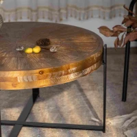 33.46" Retro Round Coffee Table, Fir Wood Top with Black Cross Legs, Easy Assembly and Maintenance, Natural(m-7)