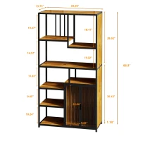 Multipurpose Bookshelf Storage Rack with Enclosed Cabinet, 7 Shelves, Fir Wood and Iron Frame, 34.45"L x 15.75"W x 68.90"H, Black+Brown(m-3)