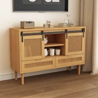 47.24" Sliding Barn Door Storage Cabinet, TV Stand with 2 Drawers, MDF and Rattan Mesh, 47.24"L x 15.75"W x 31.5"H, Wood(m-1)