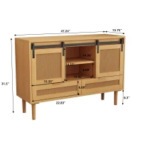 47.24" Sliding Barn Door Storage Cabinet, TV Stand with 2 Drawers, MDF and Rattan Mesh, 47.24"L x 15.75"W x 31.5"H, Wood(m-3)