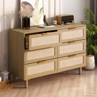 6-Drawer Rattan Dresser, Modern Natural Design with Ample Storage, Smooth Guide Rails, and Multi-Purpose Use, 43.31" x 15.75" x 29.45", Oak(m-5)