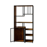 Multipurpose Bookshelf Storage Rack with Enclosed Cabinet, Fir Wood and Iron Frame, Easy Assembly, 68.9" L x 15.75" W x 68.9" H, Black+Brown(m-10)