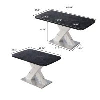 Modern Square Dining Table, Stretchable Black Marble Table Top with MDF X-Shape Legs and Metal Base, Easy Assembly, 62.99"L x 31.5"W x 30.12"H, Black White(m-3)
