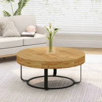 Modern Round Coffee Table with Carved Pine Top and Metal Legs, Easy Assembly, 31.5" Diameter for Living Room, Office, Reception Room, Natural+Black(m-1)