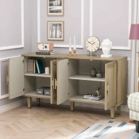 Elegant Vintage 4-Door Cabinet with Linen Decorated Doors, Adjustable Shelves, and Half-Moon Handles, 59.84"L x 15.75"W x 32.68"H, Easy Assembly, Natural(m-5)