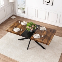 Retro Rectangular Stretch Dining Table, Antique Wood Top, Black Iron Base, with Storage Box, 55.11"-70.86", Black Brown