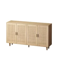 Elegant 4-Door Rattan Storage Cabinet, Adjustable Shelves, Easy Assembly, 62.20"L x 15.75"W x 34.25"H, Natural(m-8)