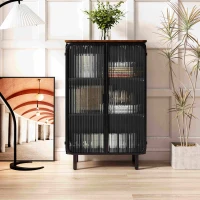 28.35" Glass Doors Modern Two-Door Cabinet with Three-Tier Storage and Fir Wood Top for Entryway, Living Room, Home Office, Dining Room, Black+Brown(m-5)