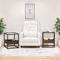 17.72" Modern Glass Coffee Table Set of 2, Nightstand with Storage Shelf and Metal Legs for Bedroom, Living Room, 17.72" L x 17.72" W x 21.65" H, Black(m-5)