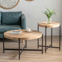 33" Modern Thread Design Round Coffee Table, MDF Table Top with Cross Legs Metal Base, Easy Assembly and Maintenance, Natural(m-5)