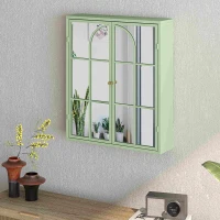Vintage Two Door Wall Cabinet with Mirror, Three-Level Storage, Retro Style, Iron and Glass, 23.62"L x 5.91"W x 27.56"H, Green(m-5)