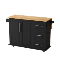 Kitchen Island Cart with 2 Door Cabinet, 3 Drawers, Spice Rack, Towel Rack, Expandable Desktop, and Locking Wheels, 43.31" Width, Black(m-2)