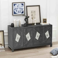 Modern 4-Door Cabinet with Mirrored Decorative Doors, Ample Storage, Easy Assembly, 59.84"L x 15.75"W x 31.89"H, Grey(m-1)