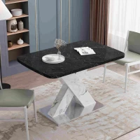 Modern Square Dining Table, Stretchable Black Marble Table Top with MDF X-Shape Legs and Metal Base, Easy Assembly, 62.99"L x 31.5"W x 30.12"H, Black White(m-4)