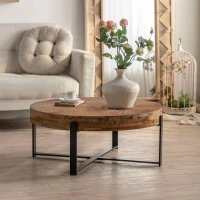 31.29" Modern Retro Splicing Round Coffee Table, Fir Wood Table Top with Black Cross Legs Base, Easy Assembly and Maintenance, Black(m-5)