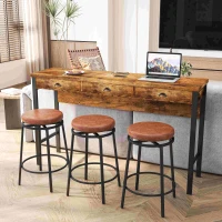 3-Drawer Long Dining Table Set with Power Outlets, Circular PU Stools, Easy Assembly, 60.24"x15.75"x35.43", Brown(m-1)