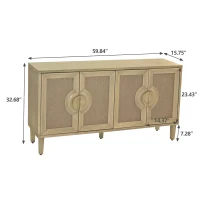 Elegant Vintage 4-Door Cabinet with Linen Decorated Doors, Adjustable Shelves, and Half-Moon Handles, 59.84"L x 15.75"W x 32.68"H, Easy Assembly, Natural(m-3)