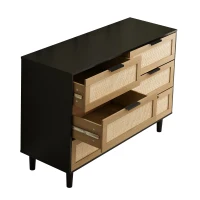 6-Drawer Rattan Dresser, Modern Natural Rattan Design, High-Quality Chipboard, Ample Storage Space, 43.31" x 15.75" x 29.45", Black(m-6)