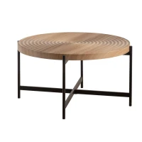 33" Modern Thread Design Round Coffee Table, MDF Table Top with Cross Legs Metal Base, Easy Assembly and Maintenance, Natural(m-2)