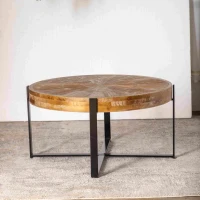 33.46" Retro Round Coffee Table, Fir Wood Top with Black Cross Legs, Easy Assembly and Maintenance, Natural(m-5)
