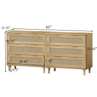 3-Drawer Rattan Storage Cabinet Set of 2, MDF and Solid Wood Legs, Iron Handles, 63" L x 15.55" W x 30.12" H, 52.47 lbs Each, Oak(m-3)