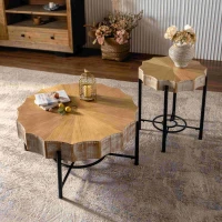 31.5" Vintage Patchwork Lace Coffee Table Set of 2 with Natural Pine Grain Top and Dimpled Metal Cross Legs, Natural+Black(m-5)