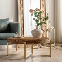 31.29" Modern Retro Splicing Round Coffee Table, Fir Wood Table Top with Gold Cross Legs, Easy Assembly and Maintenance, Gold(m-1)