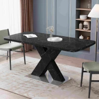 Modern Square Dining Table, Stretchable Printed Black Marble Table Top, MDF X-Shape Legs with Metal Base, 62.99"L x 31.5"W x 30.12"H, Black(m-1)