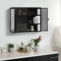 27.56" Modern Two-Door Wall Cabinet with Three-Tier Storage, Fluted Tempered Glass Doors, and Adjustable Shelves for Entryway, Living Room, Bathroom, Dining Room, Black(m-4)